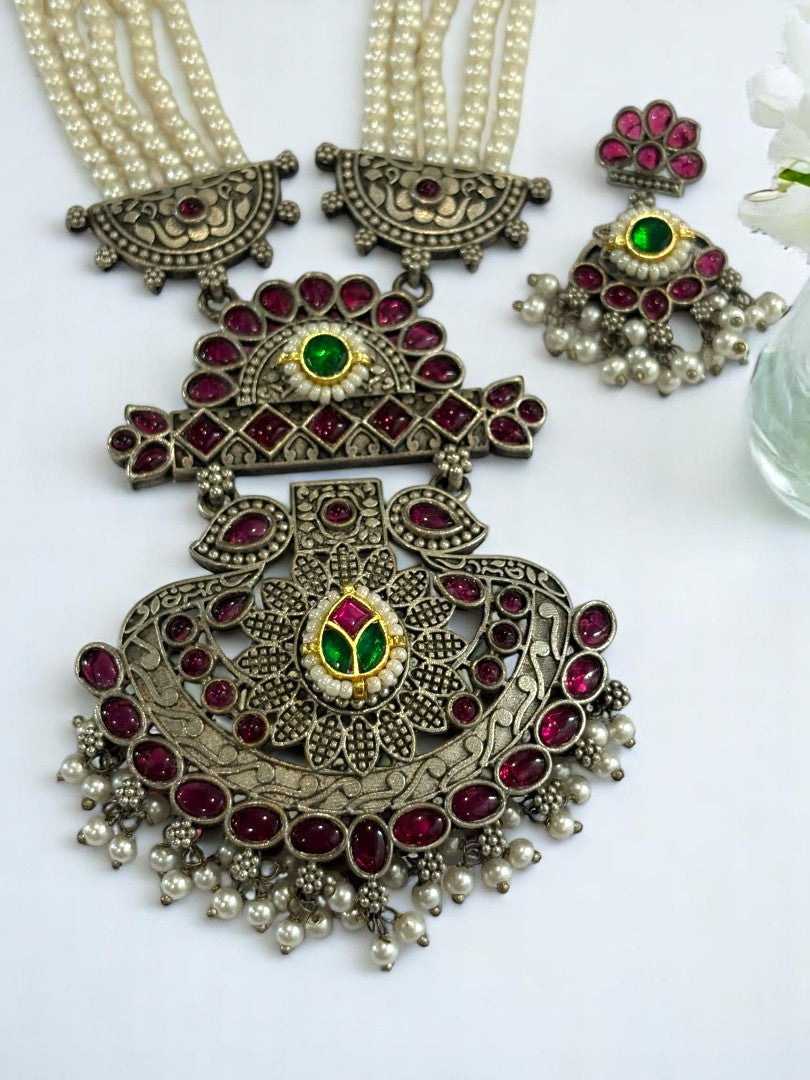 PINK EMALINE GERMAN SILVER JEWELLERY SET