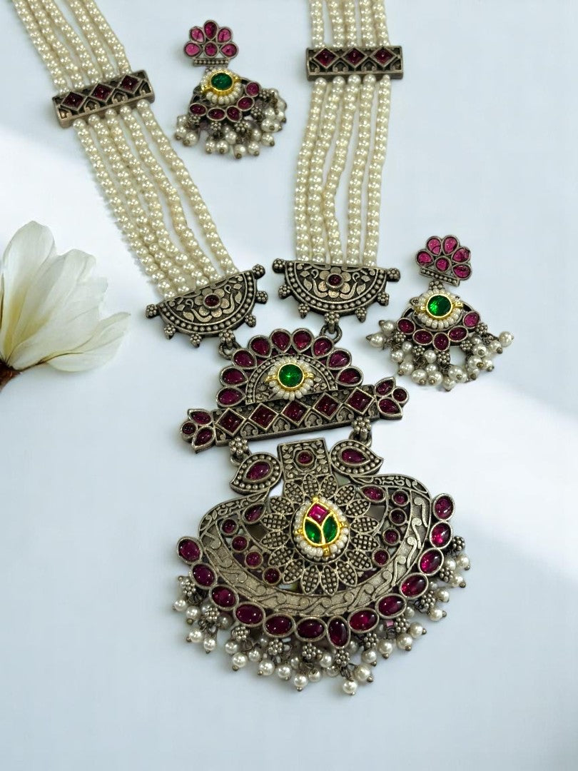 PINK EMALINE GERMAN SILVER JEWELLERY SET