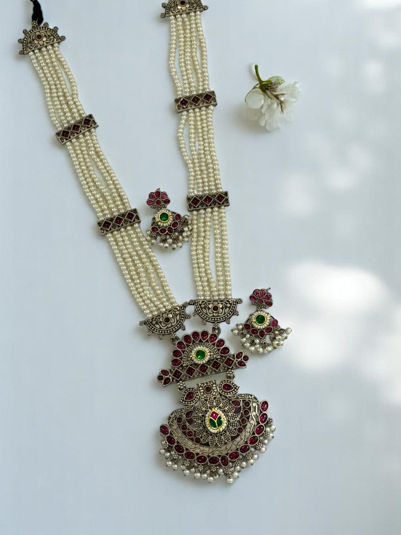 PINK EMALINE GERMAN SILVER JEWELLERY SET