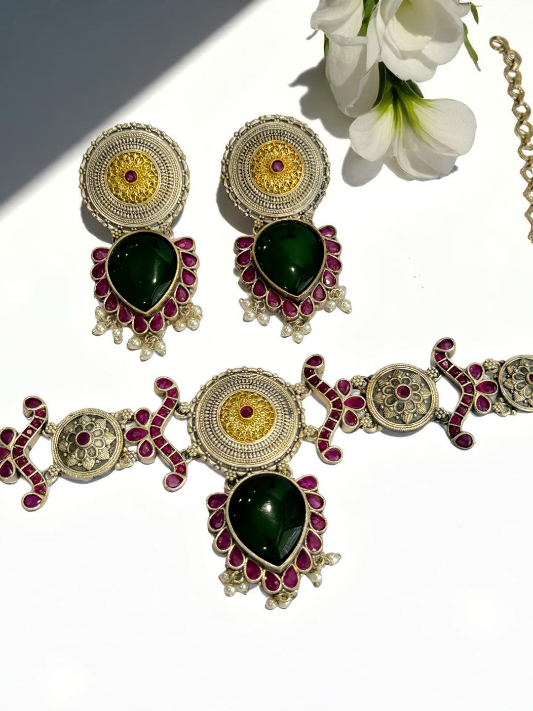 GREEN NAYSA GERMAN SILVER JEWELLERY SET