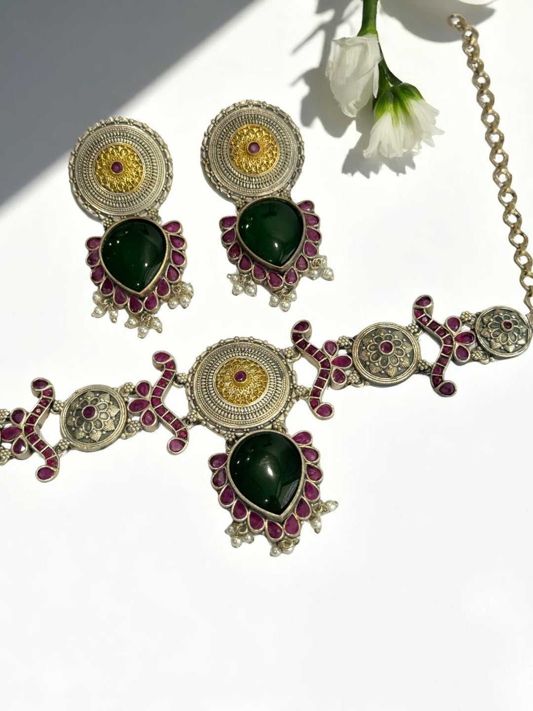 GREEN NAYSA GERMAN SILVER JEWELLERY SET