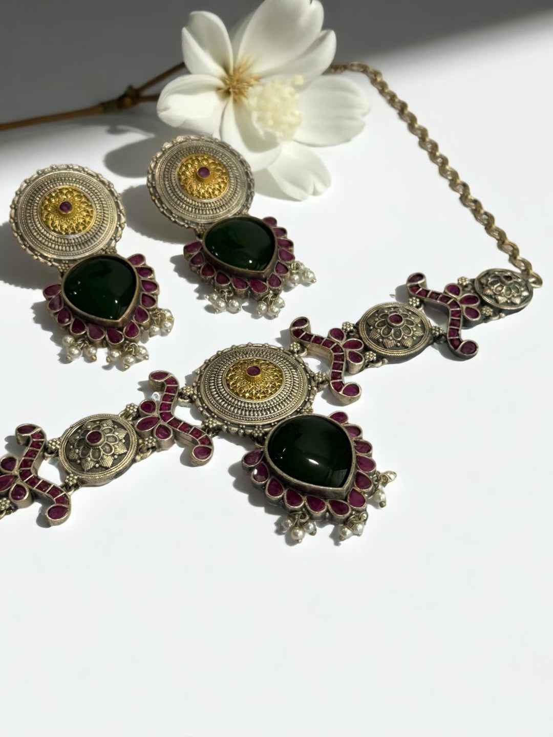 GREEN NAYSA GERMAN SILVER JEWELLERY SET