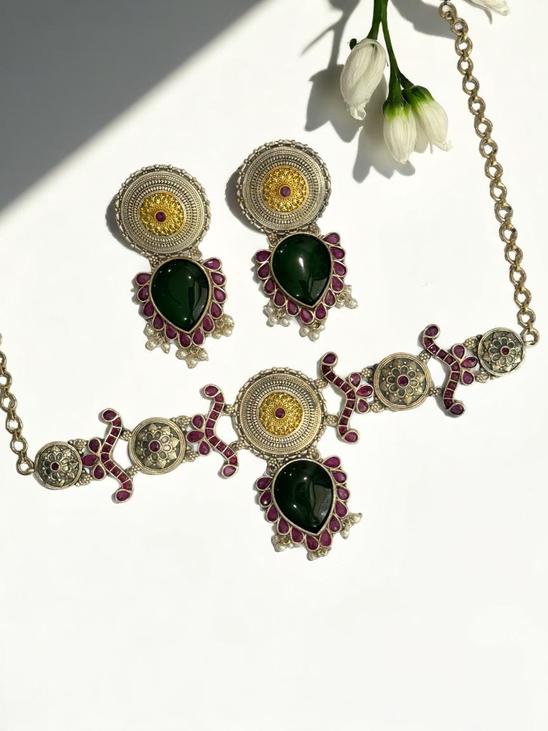 GREEN NAYSA GERMAN SILVER JEWELLERY SET