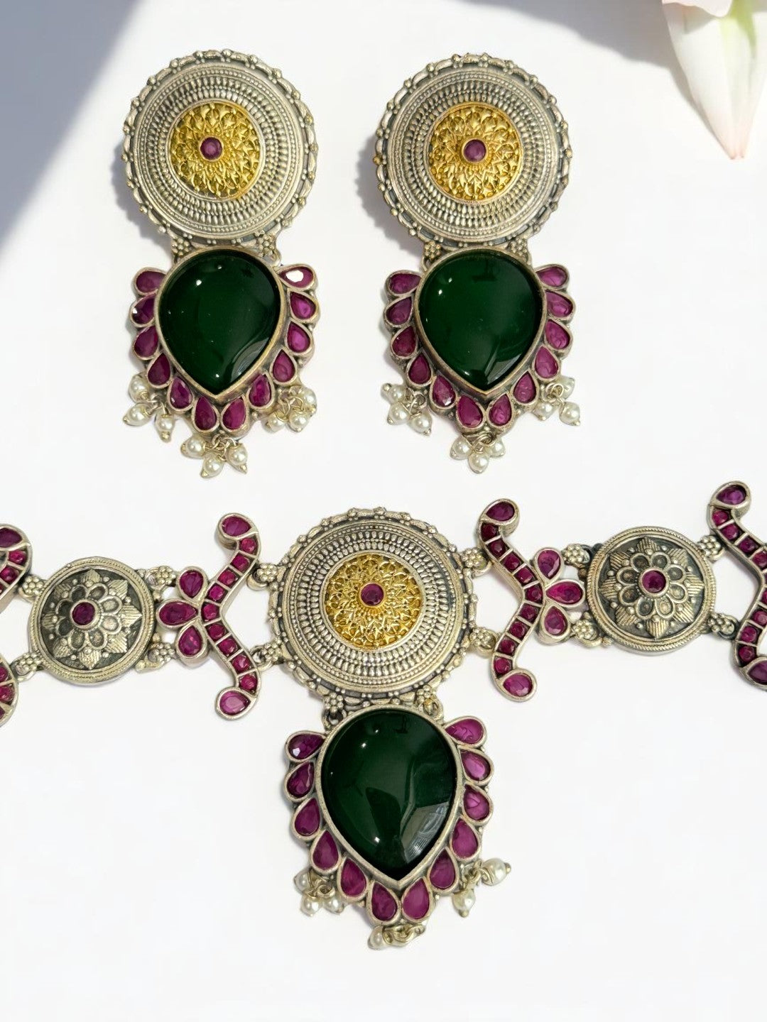 GREEN NAYSA GERMAN SILVER JEWELLERY SET