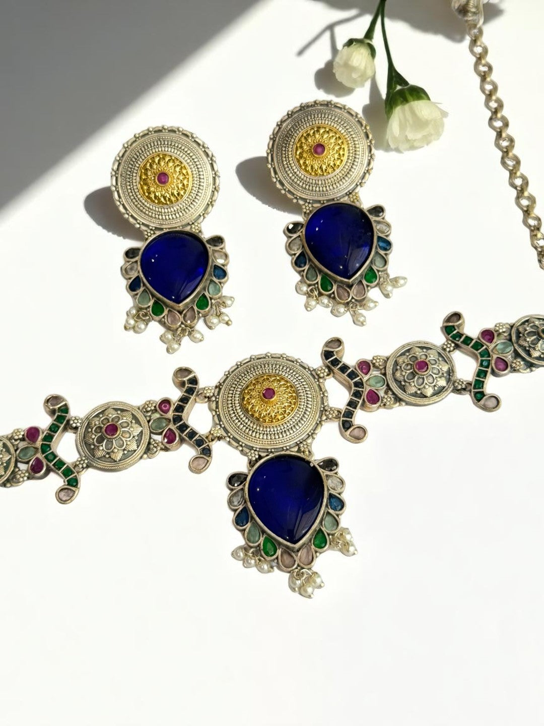 BLUE NAYSA GERMAN SILVER JEWELLERY SET
