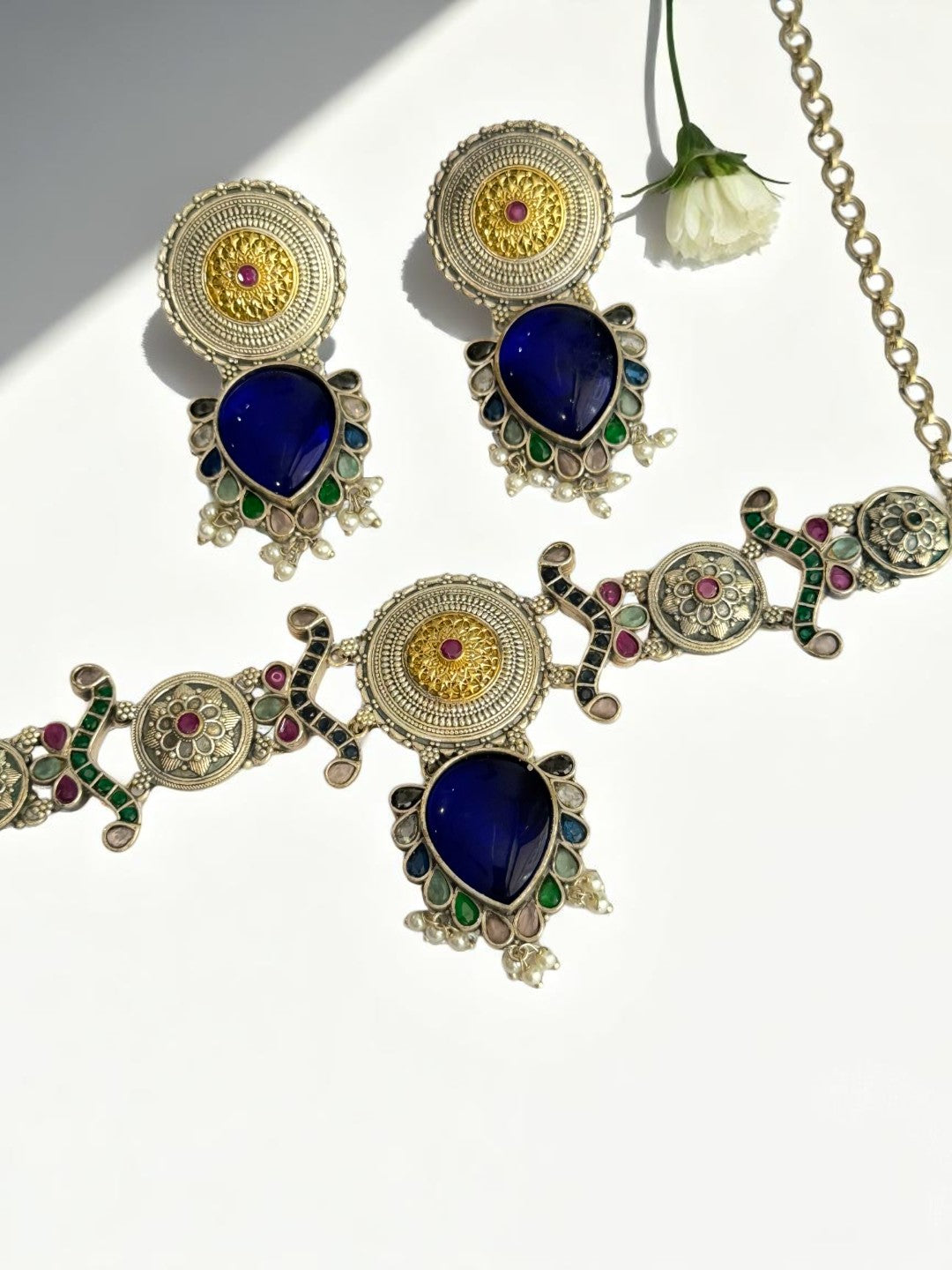 BLUE NAYSA GERMAN SILVER JEWELLERY SET