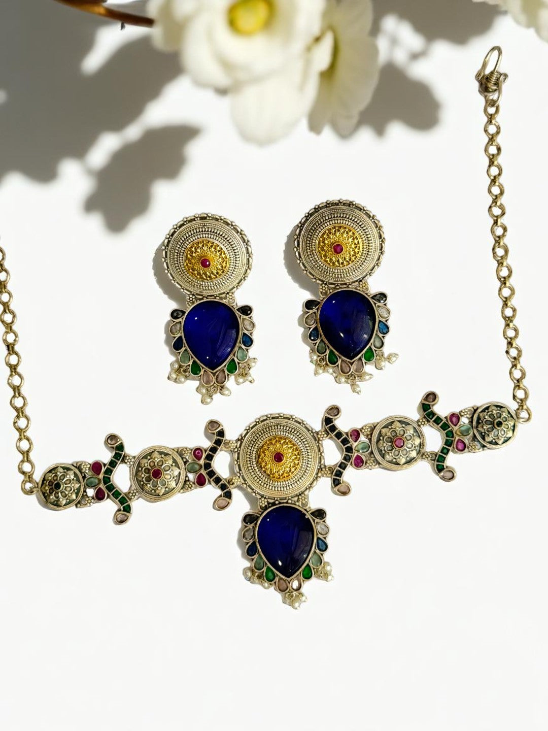 BLUE NAYSA GERMAN SILVER JEWELLERY SET