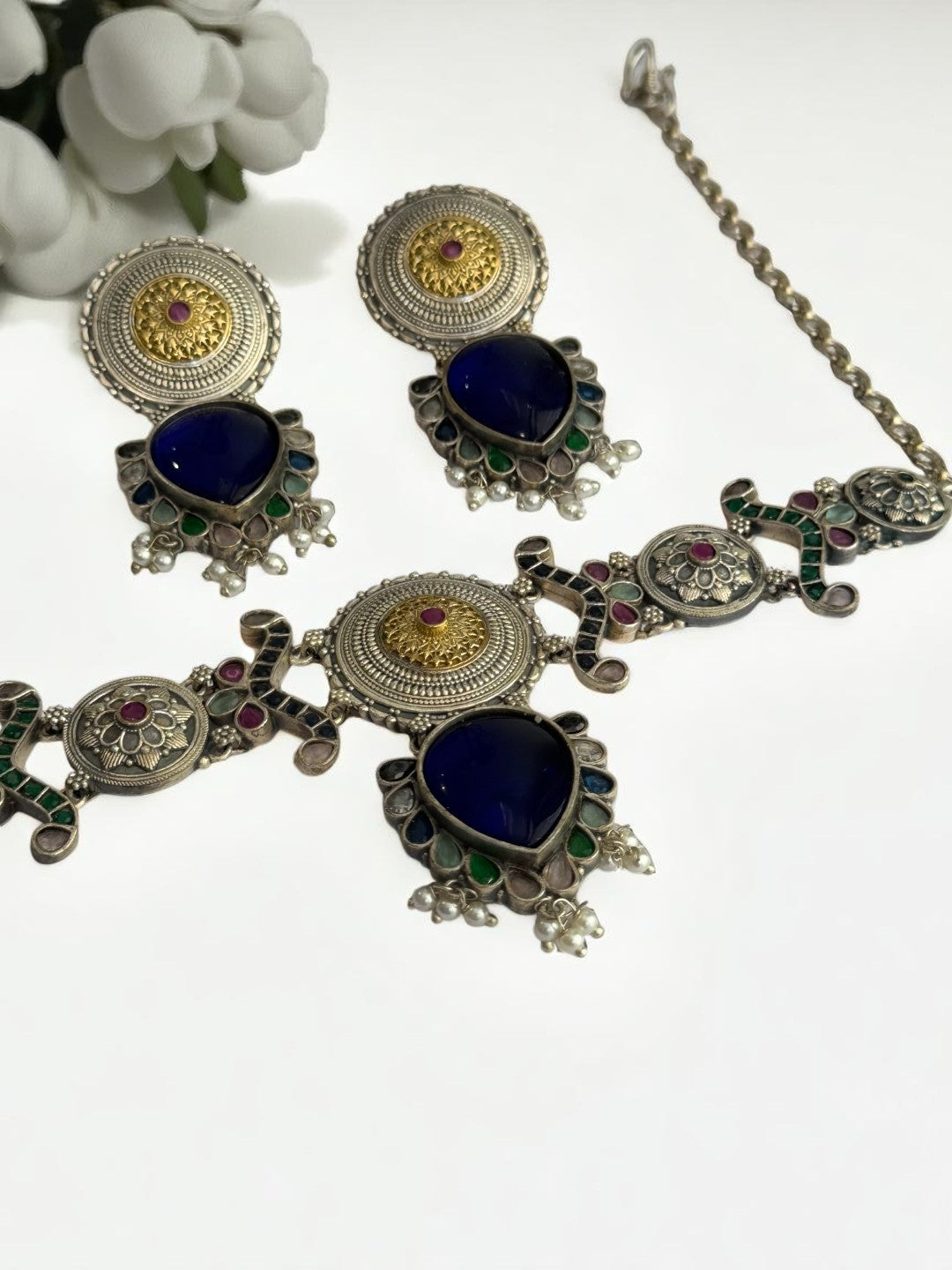 BLUE NAYSA GERMAN SILVER JEWELLERY SET