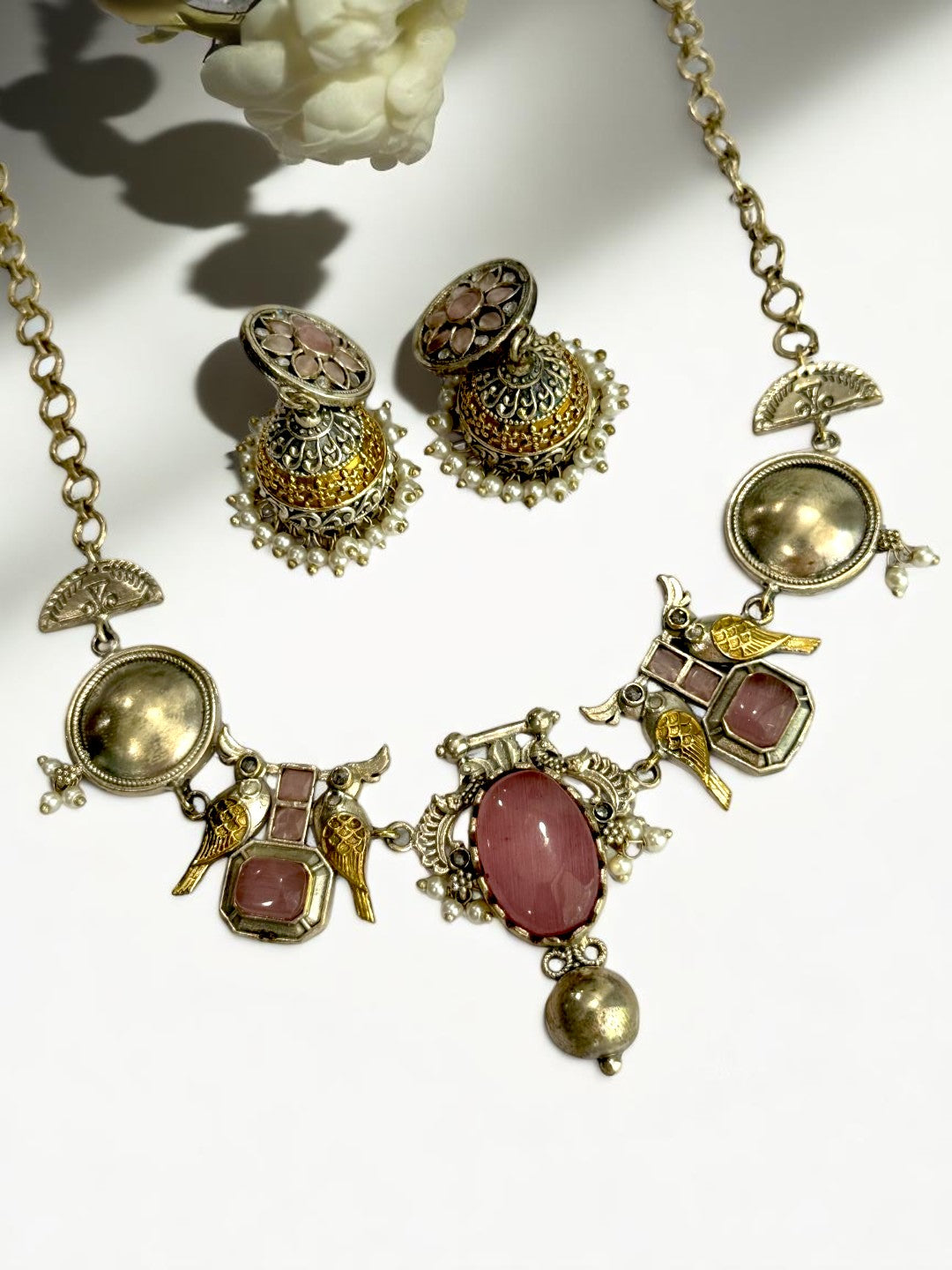 PINK VEDITA GERMAN SILVER JEWELLERY SET