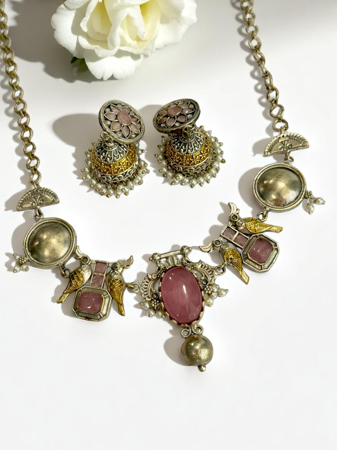 PINK VEDITA GERMAN SILVER JEWELLERY SET