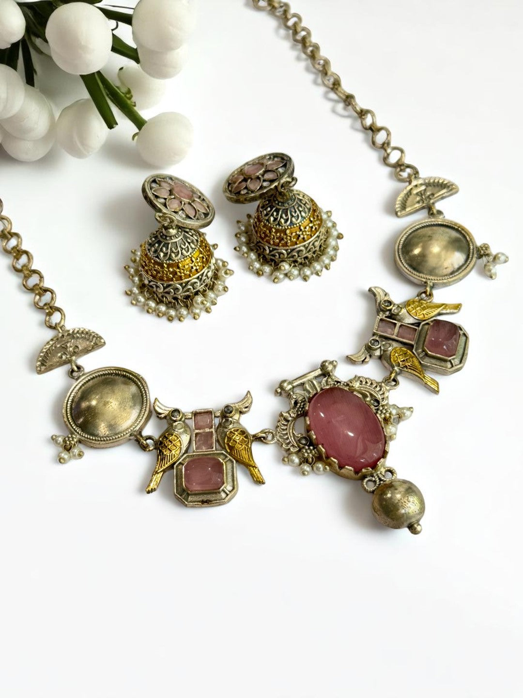 PINK VEDITA GERMAN SILVER JEWELLERY SET