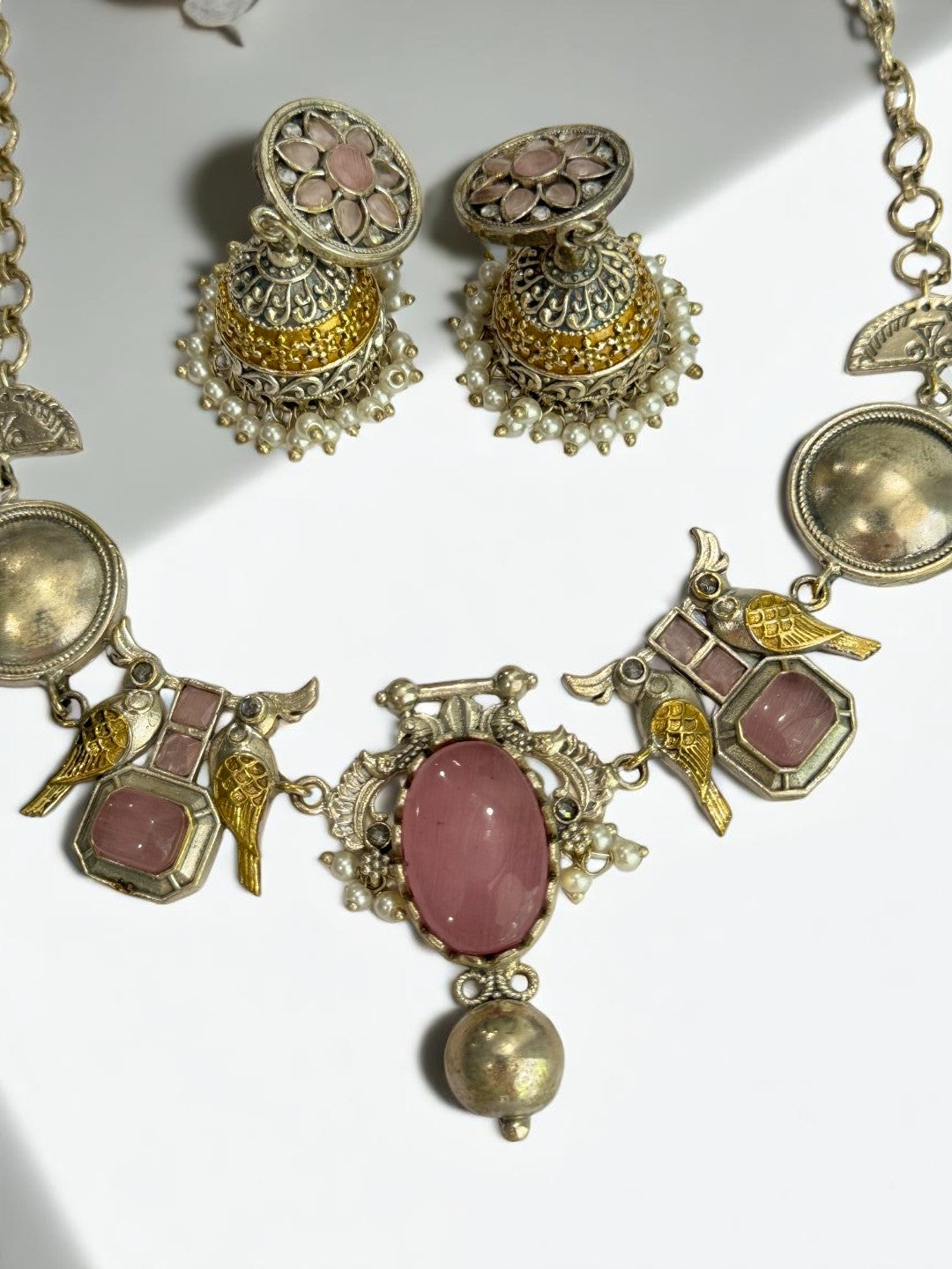 PINK VEDITA GERMAN SILVER JEWELLERY SET