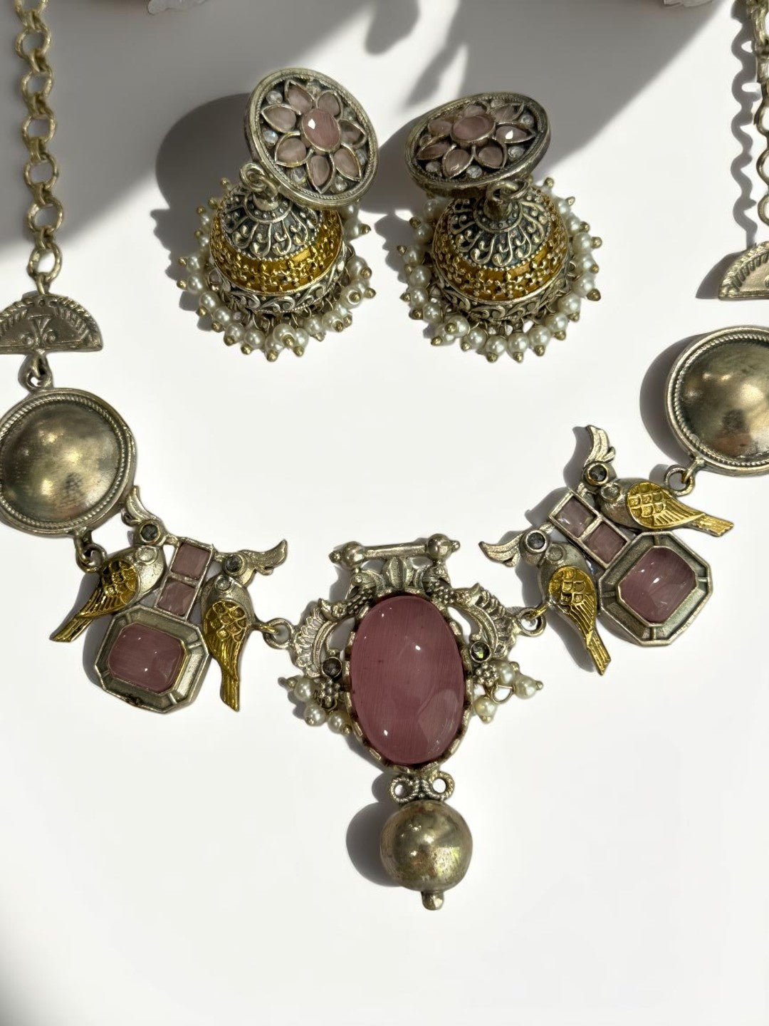 PINK VEDITA GERMAN SILVER JEWELLERY SET