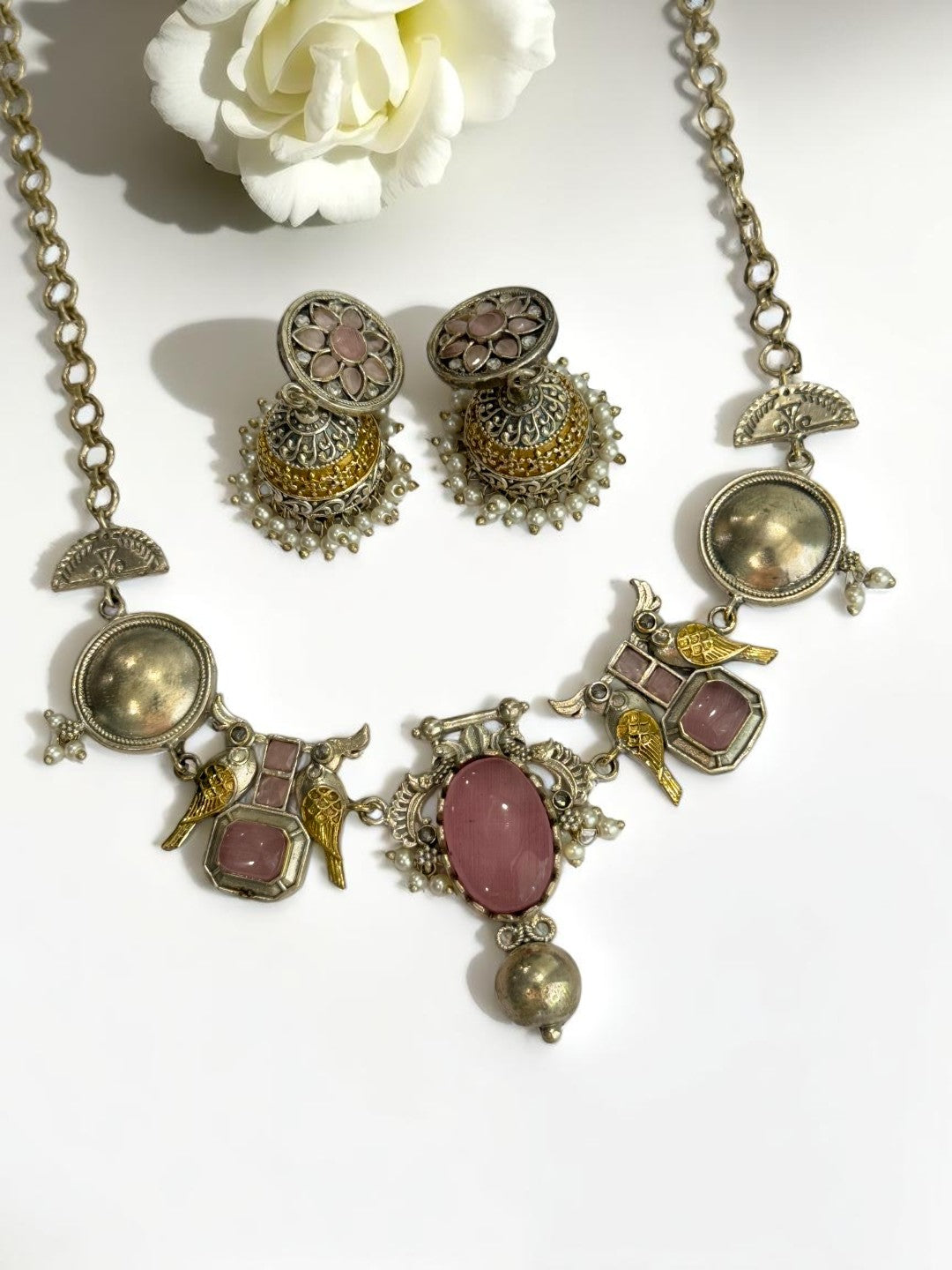 PINK VEDITA GERMAN SILVER JEWELLERY SET
