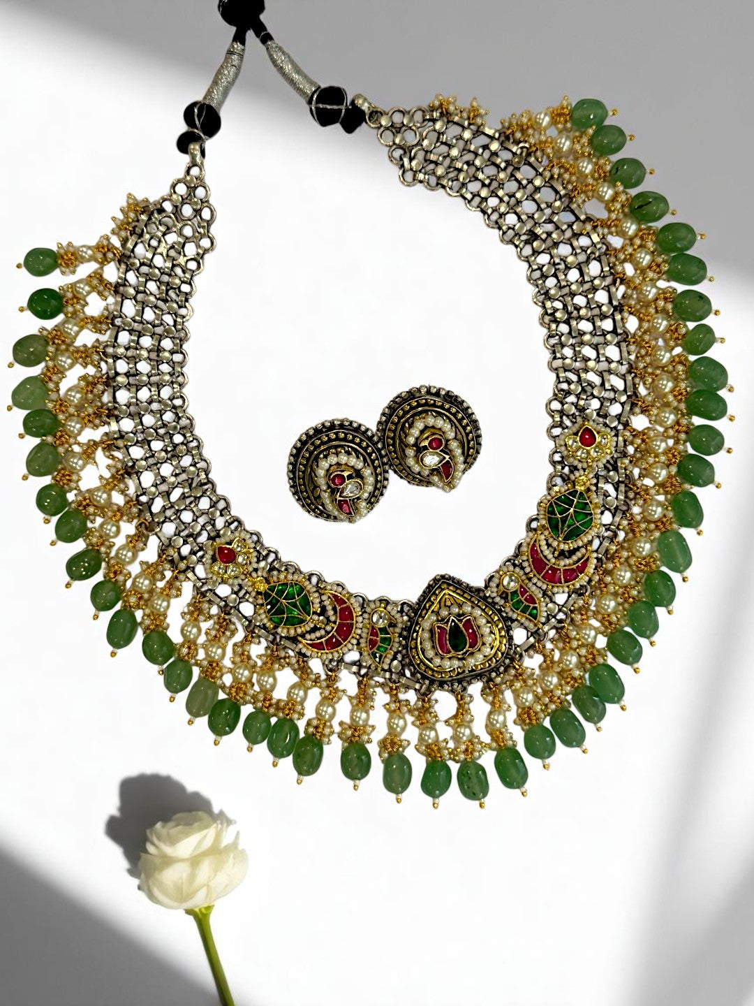 GREEN OJASVI GERMAN SILVER JEWELLERY SET