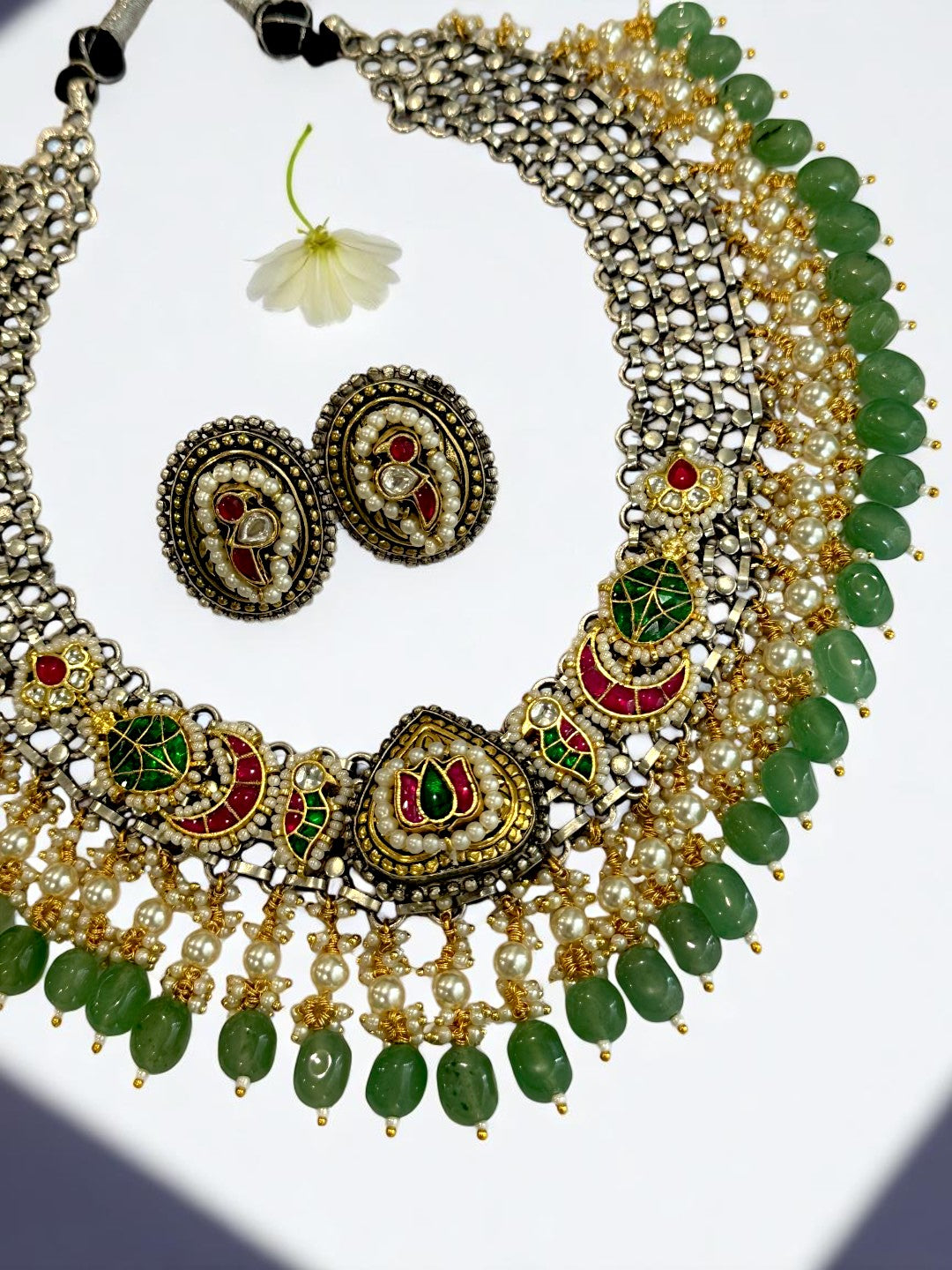 GREEN OJASVI GERMAN SILVER JEWELLERY SET