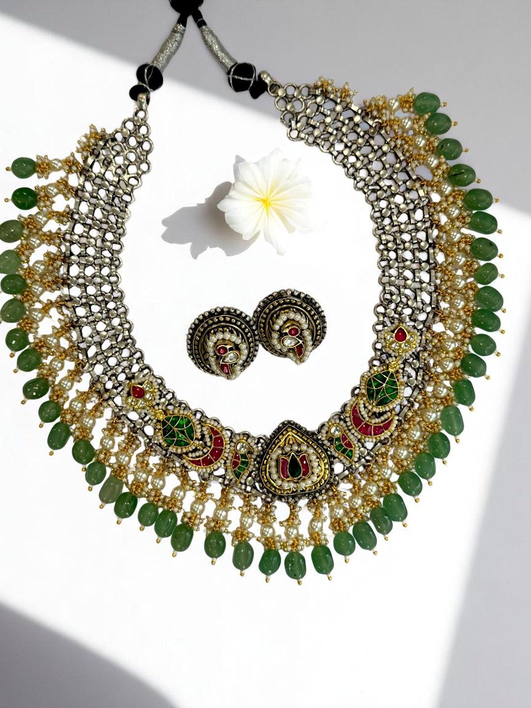 GREEN OJASVI GERMAN SILVER JEWELLERY SET