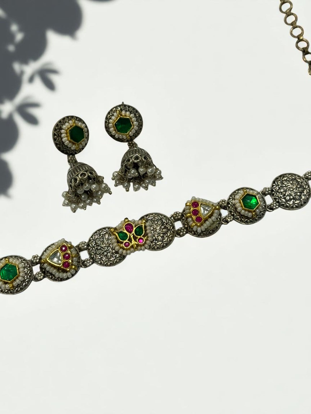 GREEN OJAL GERMAN SILVER JEWELLERY SET
