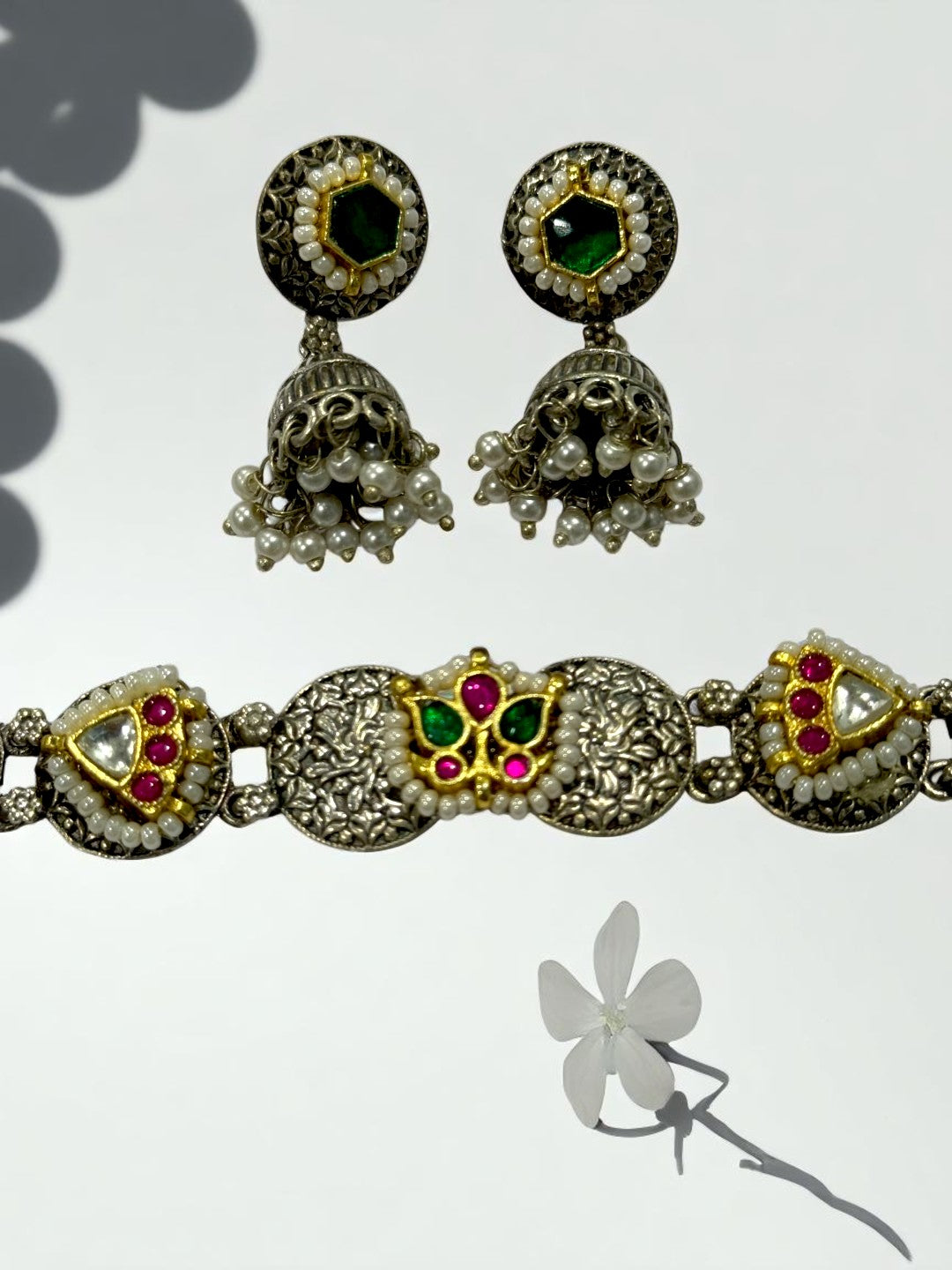 GREEN OJAL GERMAN SILVER JEWELLERY SET