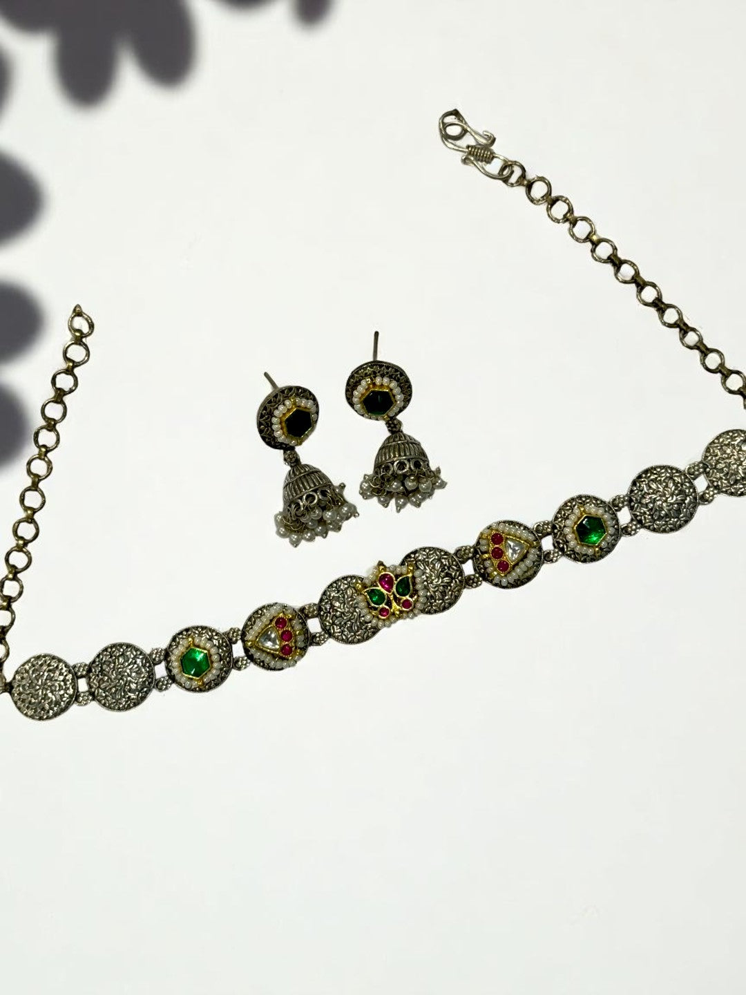 GREEN OJAL GERMAN SILVER JEWELLERY SET