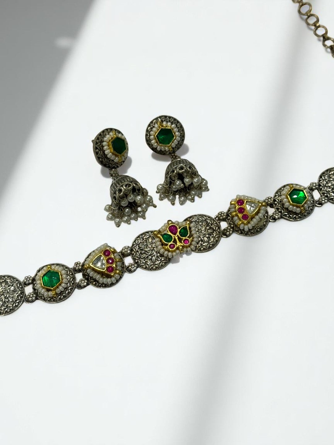 GREEN OJAL GERMAN SILVER JEWELLERY SET