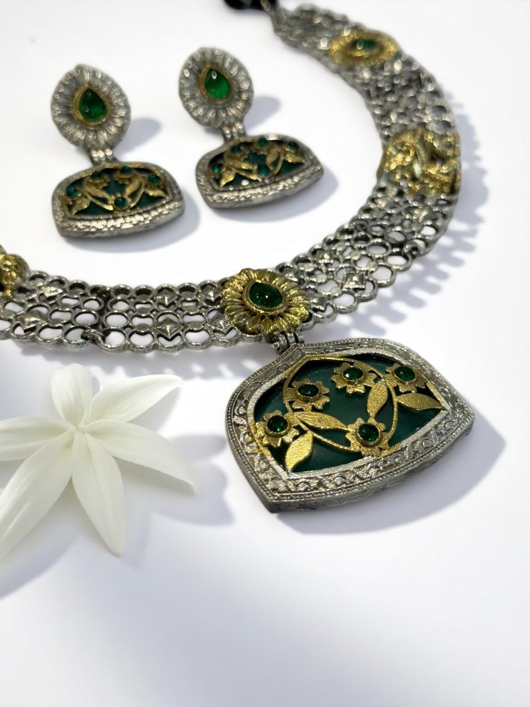 GREEN OSHMA GERMAN SILVER JEWELLERY SET