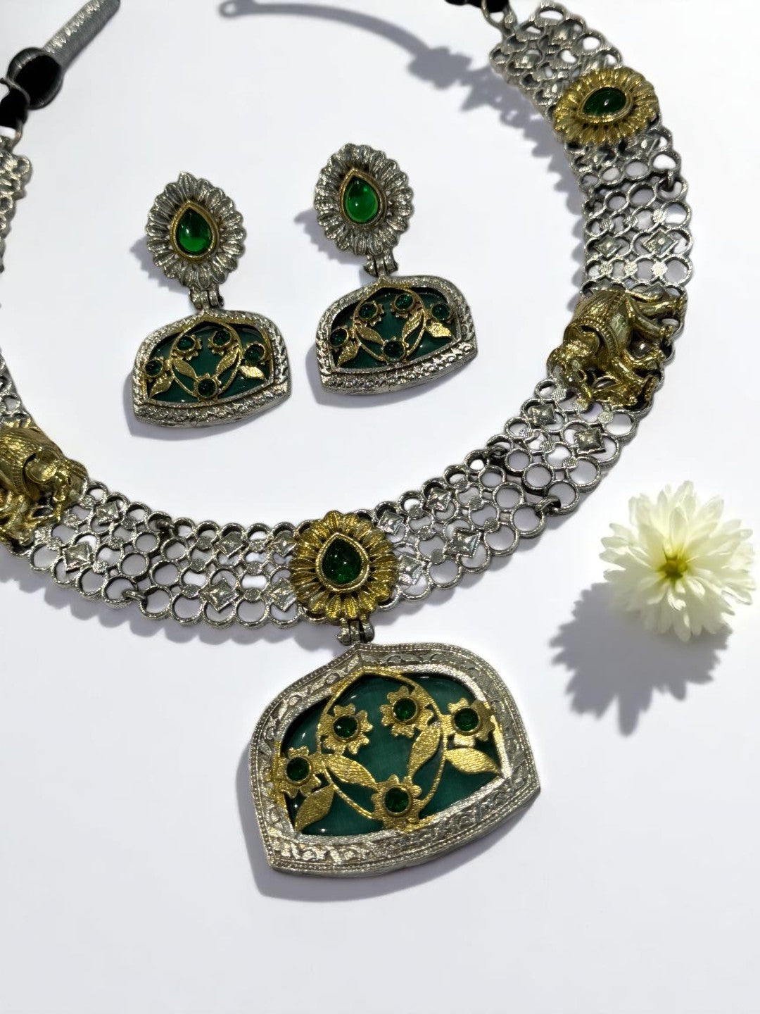 GREEN OSHMA GERMAN SILVER JEWELLERY SET