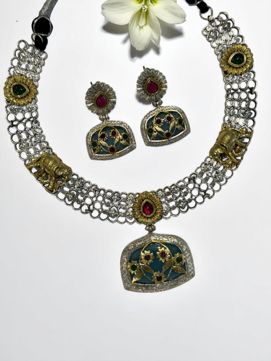 GREEN RED OSHMA GERMAN SILVER JEWELLERY SET