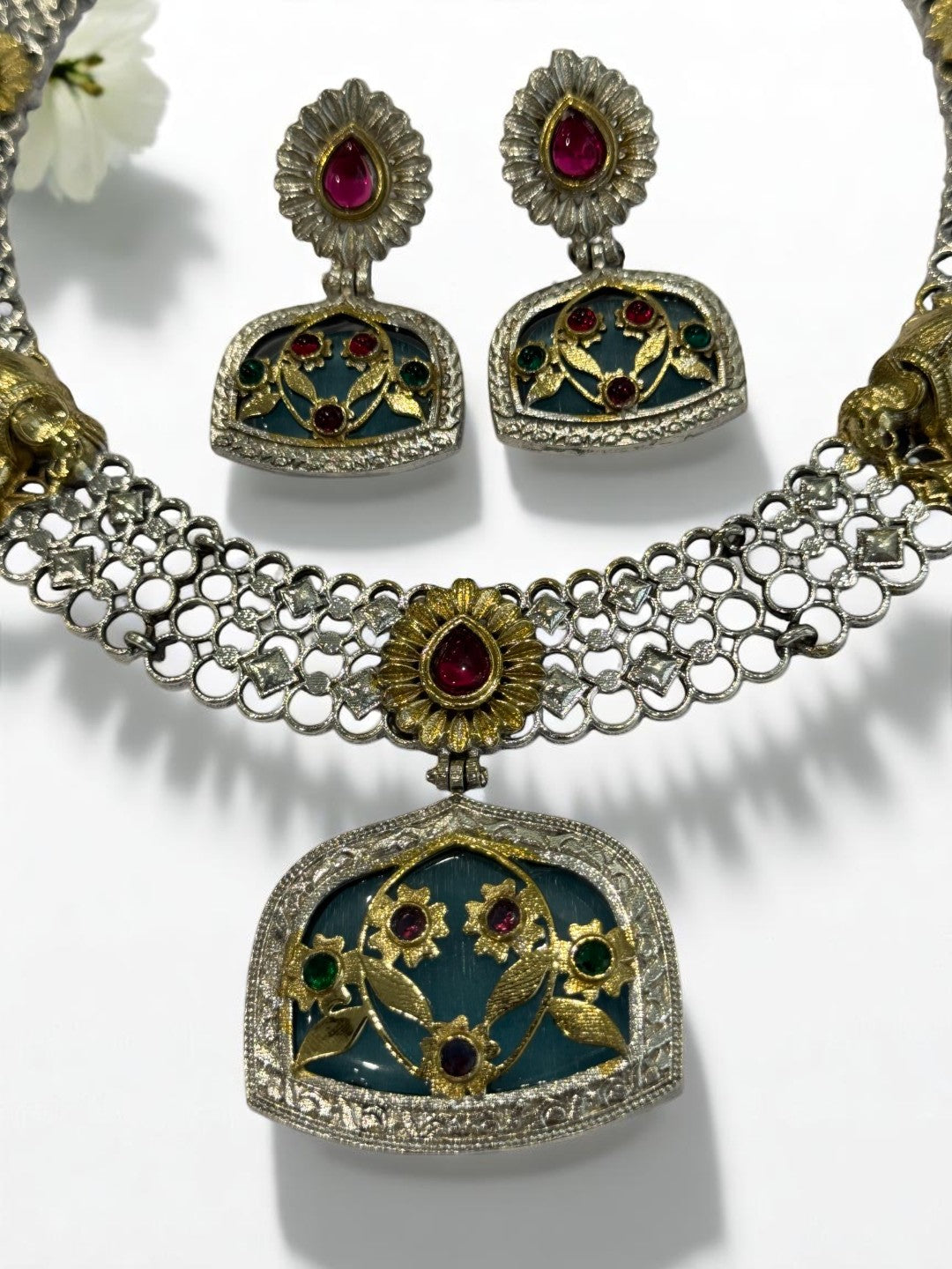 GREEN RED OSHMA GERMAN SILVER JEWELLERY SET