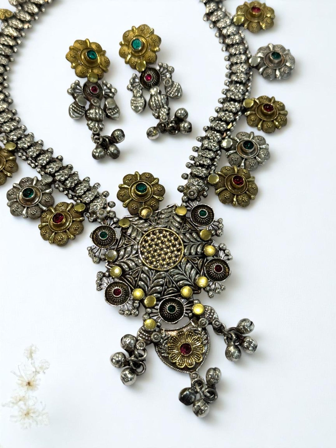GREEN RUBY PRISHA GERMAN SILVER JEWELLERY SET