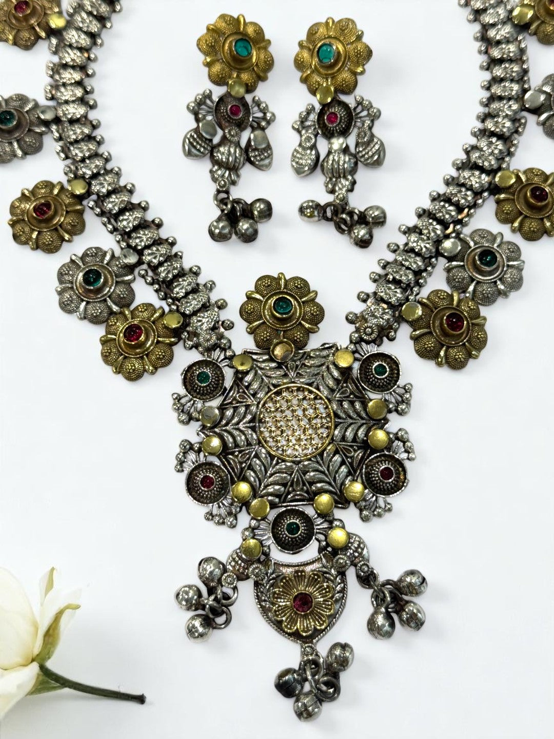 GREEN RUBY PRISHA GERMAN SILVER JEWELLERY SET