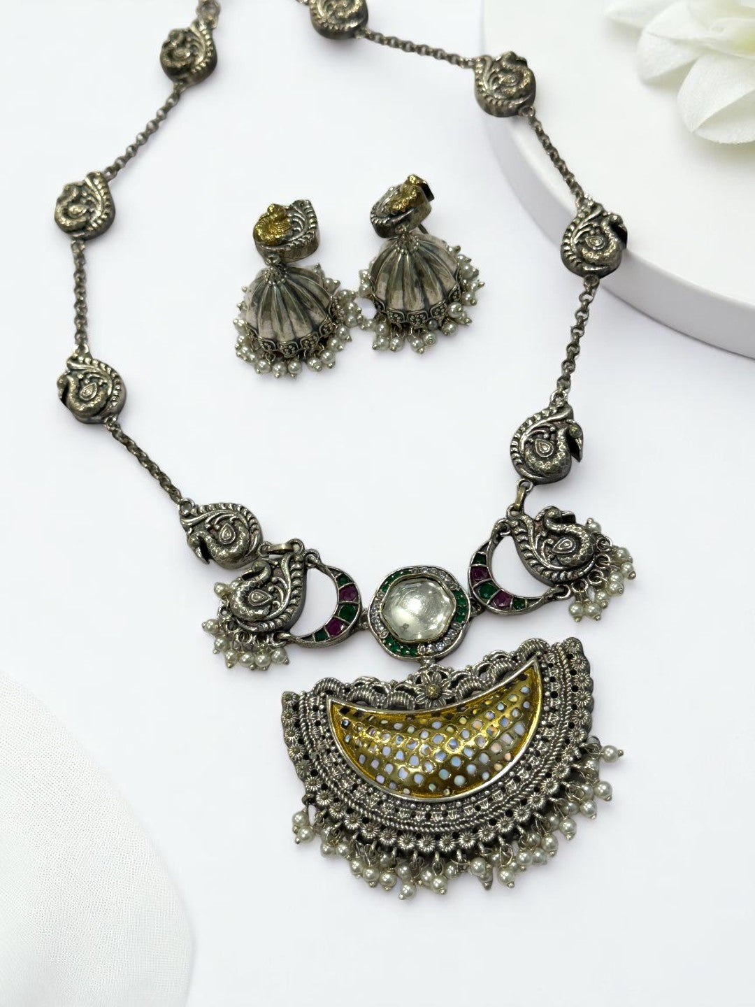 GREEN PAVITRA GERMAN SILVER JEWELLERY SET