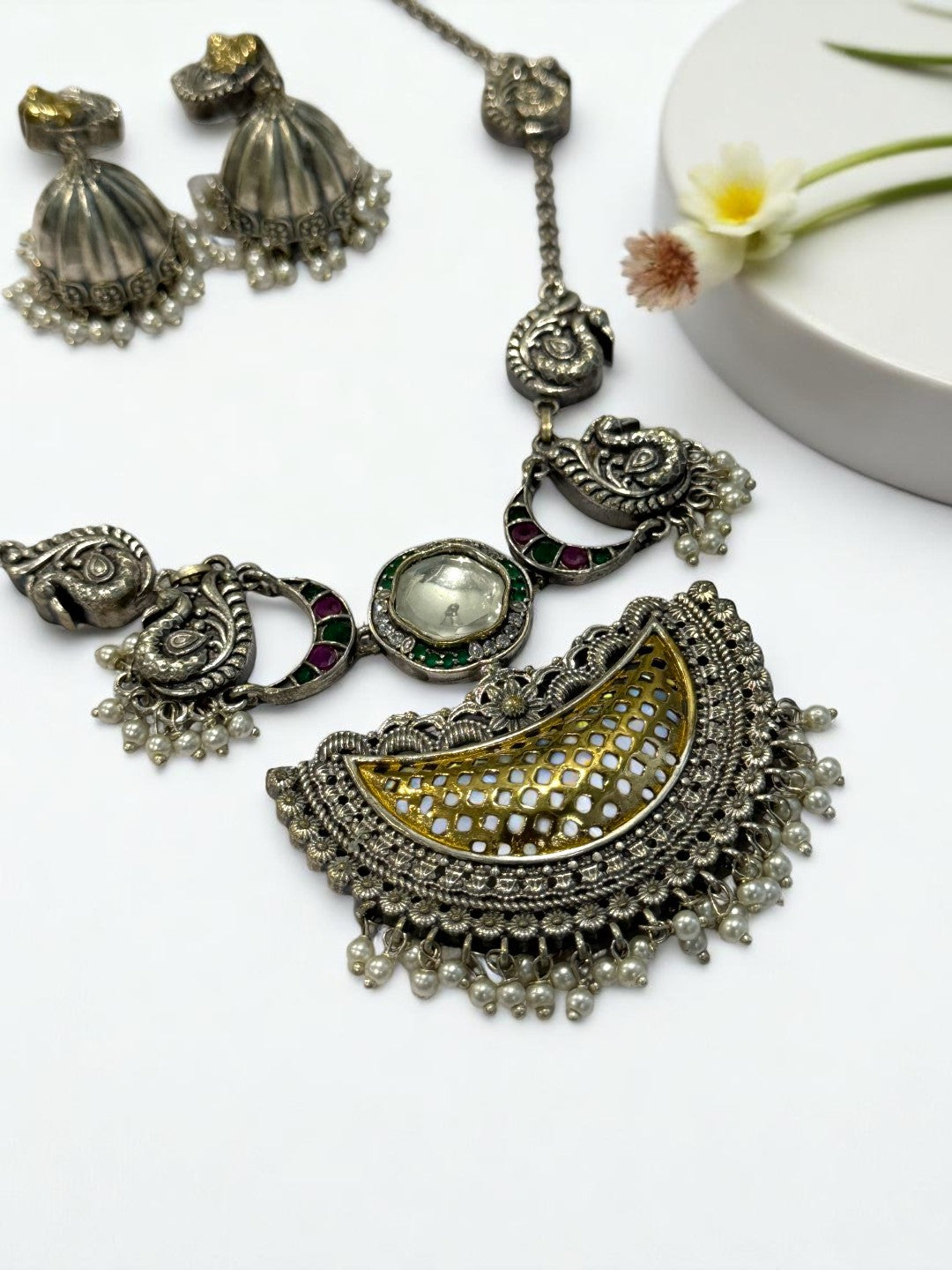 GREEN PAVITRA GERMAN SILVER JEWELLERY SET