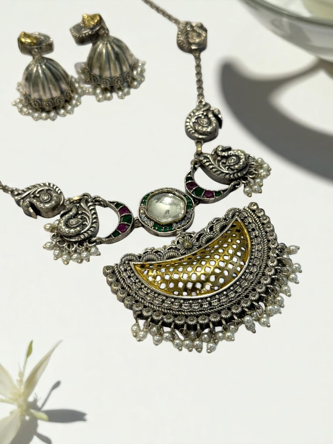 GREEN PAVITRA GERMAN SILVER JEWELLERY SET