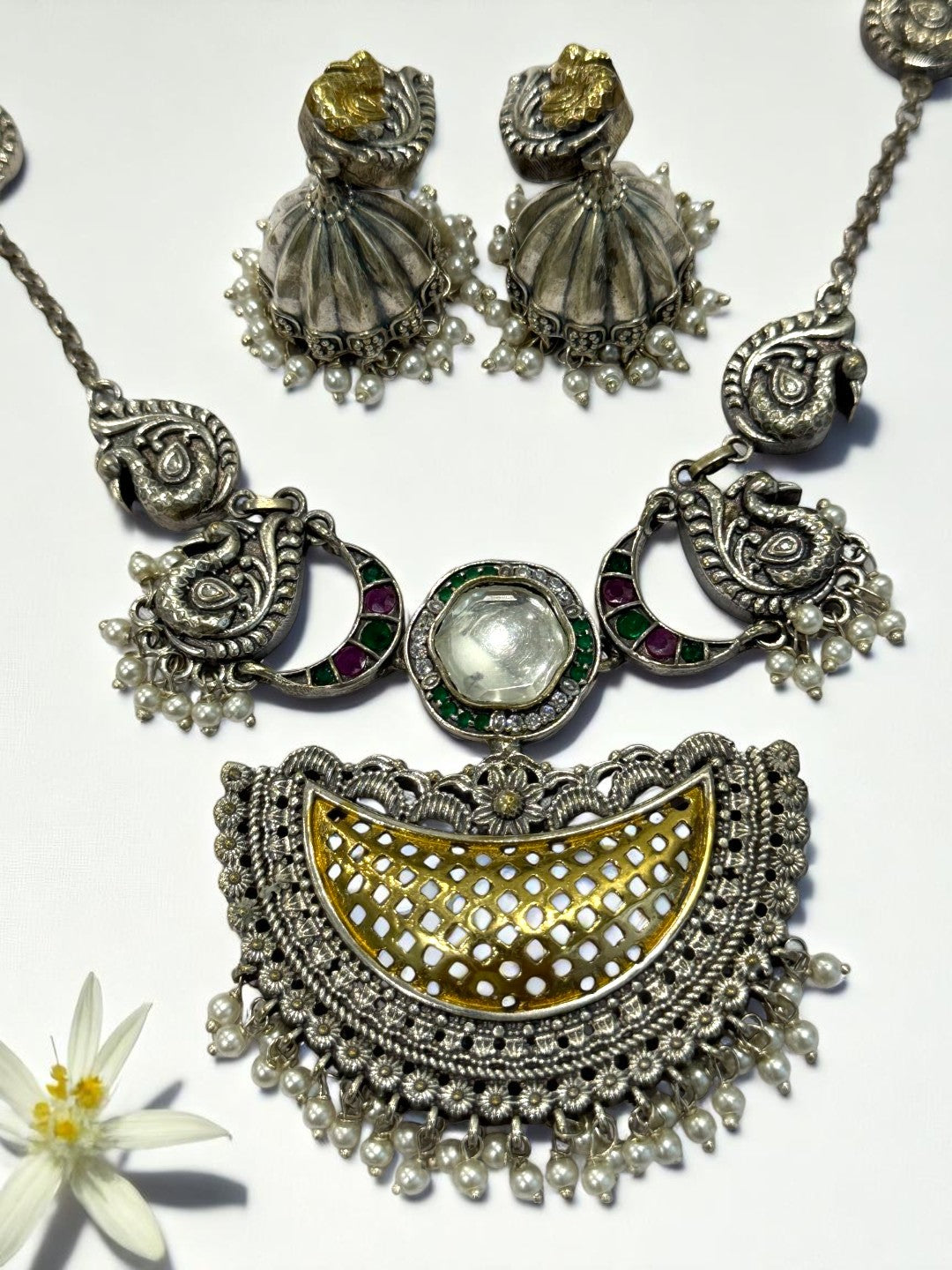 GREEN PAVITRA GERMAN SILVER JEWELLERY SET