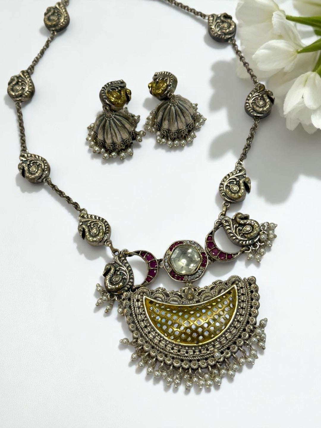 GREEN PAVITRA GERMAN SILVER JEWELLERY SET