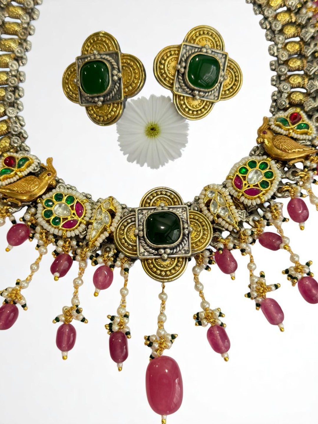 PINK PALAK GERMAN SILVER JEWELLERY SET