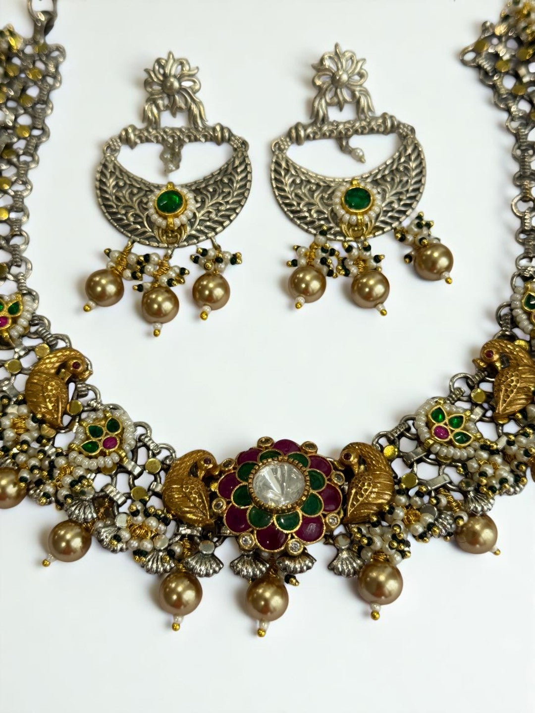 GREEN PANKHURI GERMAN SILVER JEWELLERY SET