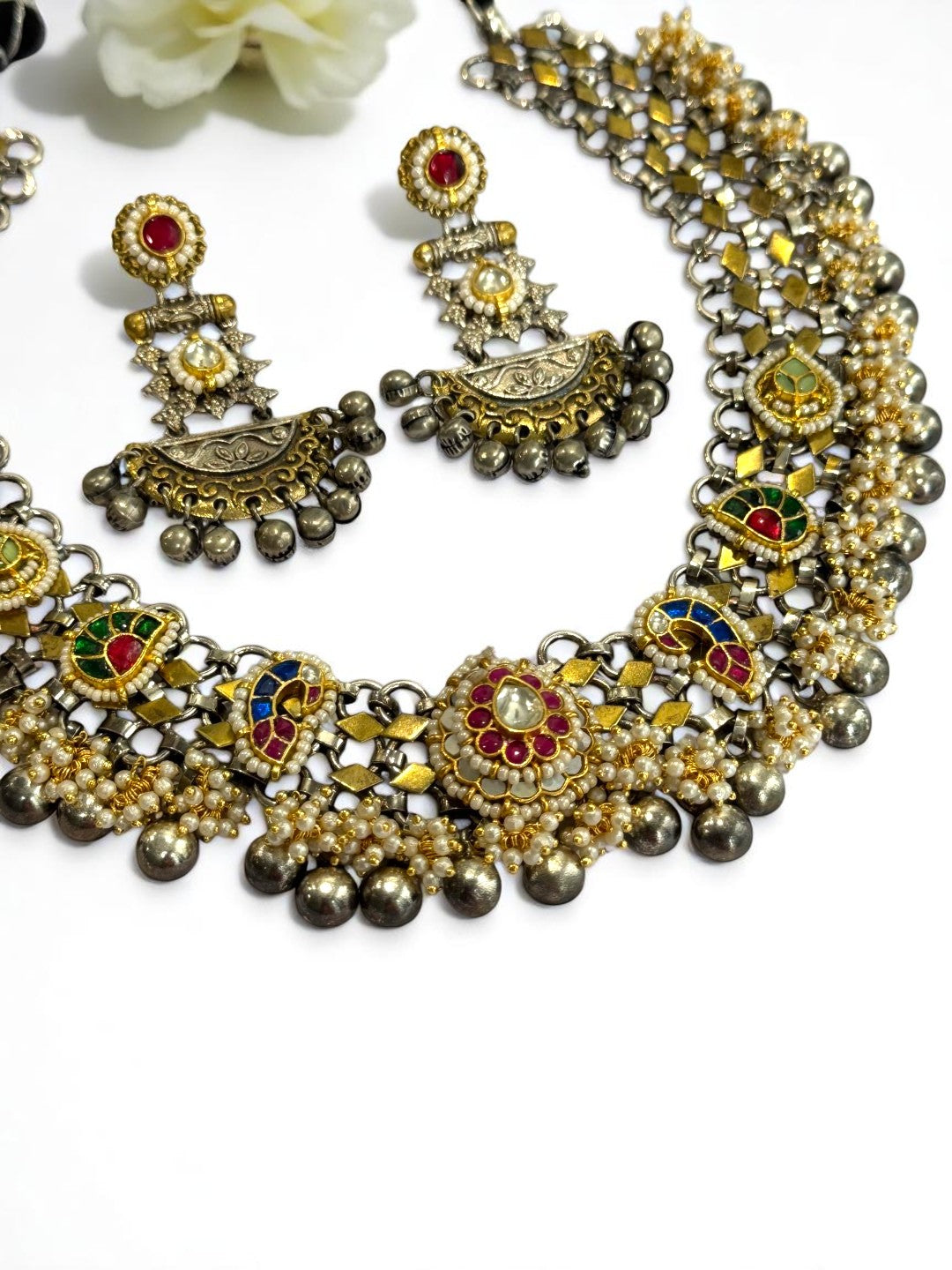 BLUE GREEN PRERANA GERMAN SILVER JEWELLERY SET