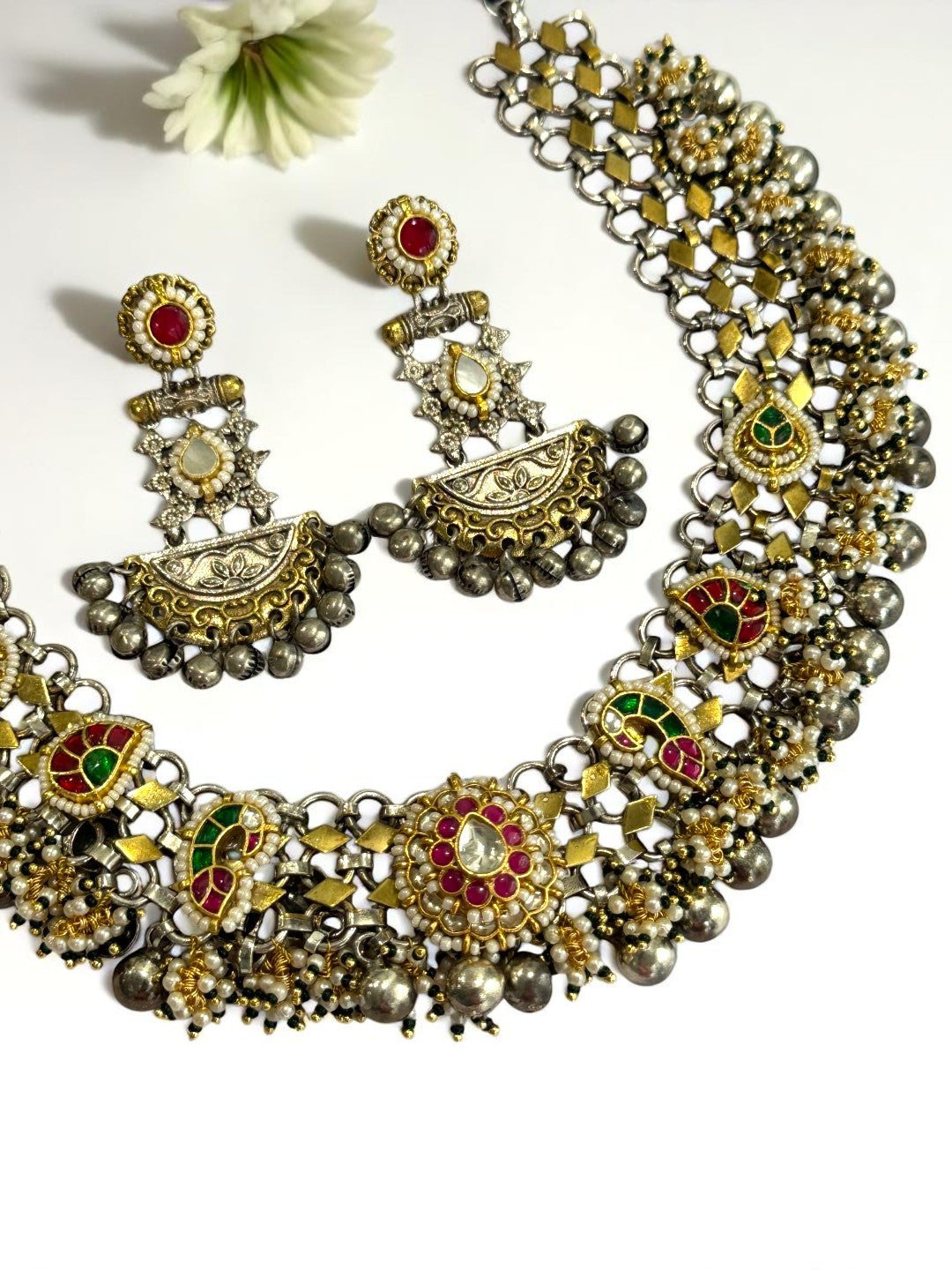 BLUE GREEN PRERANA GERMAN SILVER JEWELLERY SET