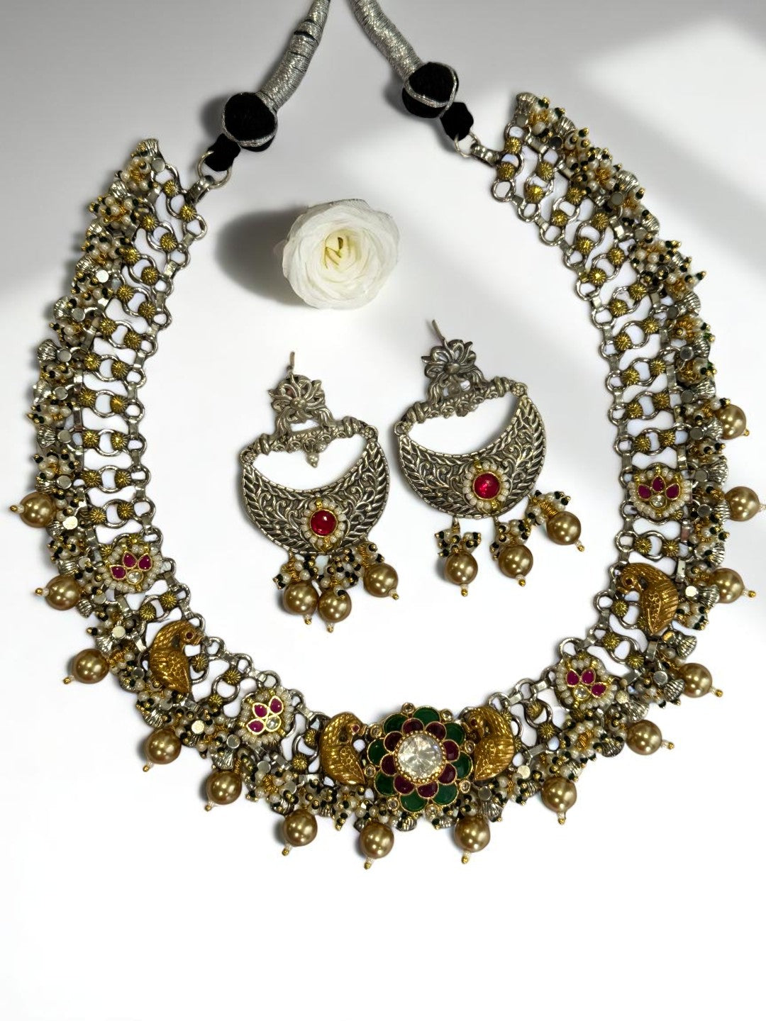 PINK PANKHURI GERMAN SILVER JEWELLERY SET