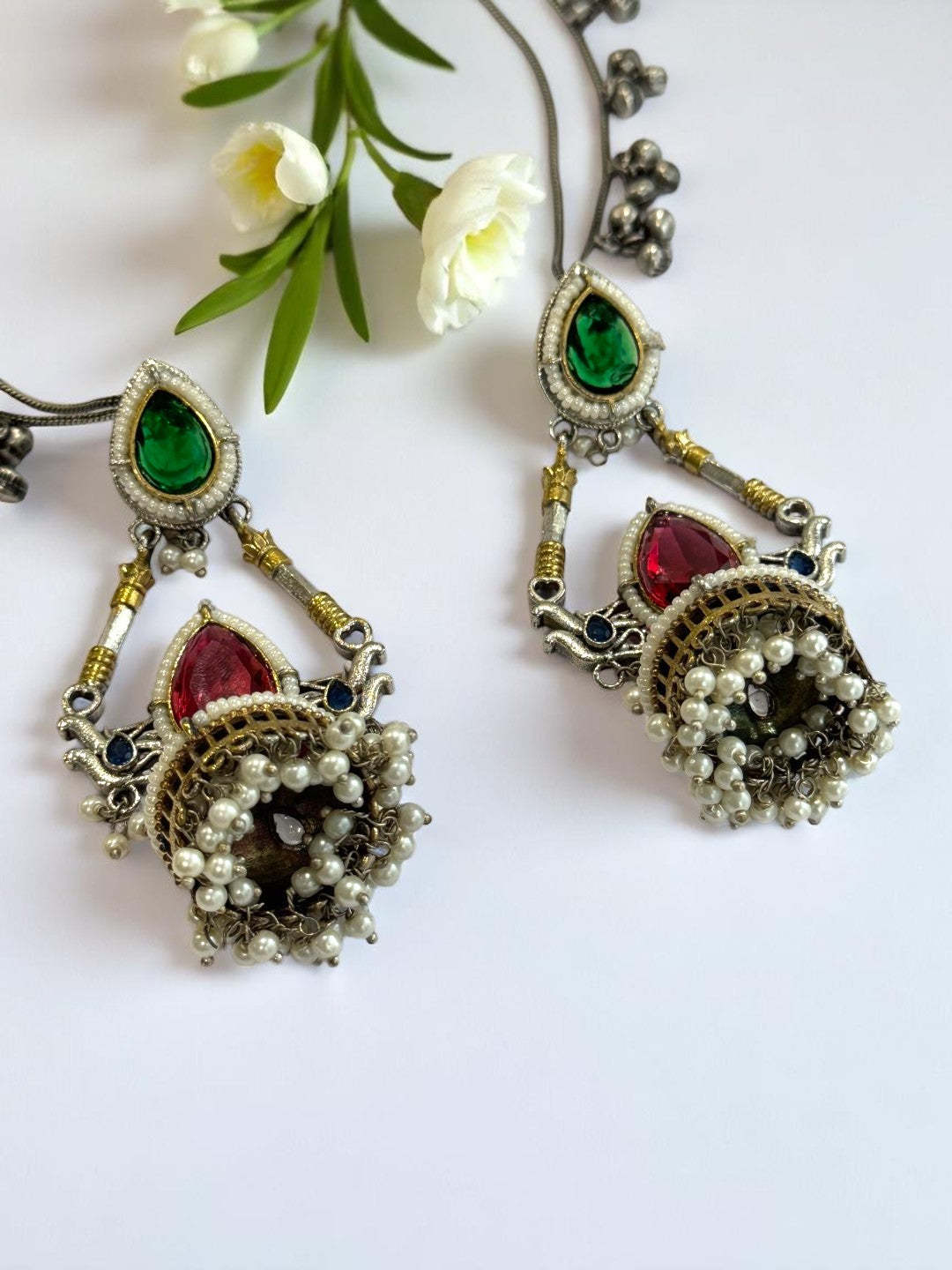 MULTI GAURI GERMAN SILVER EARRINGS