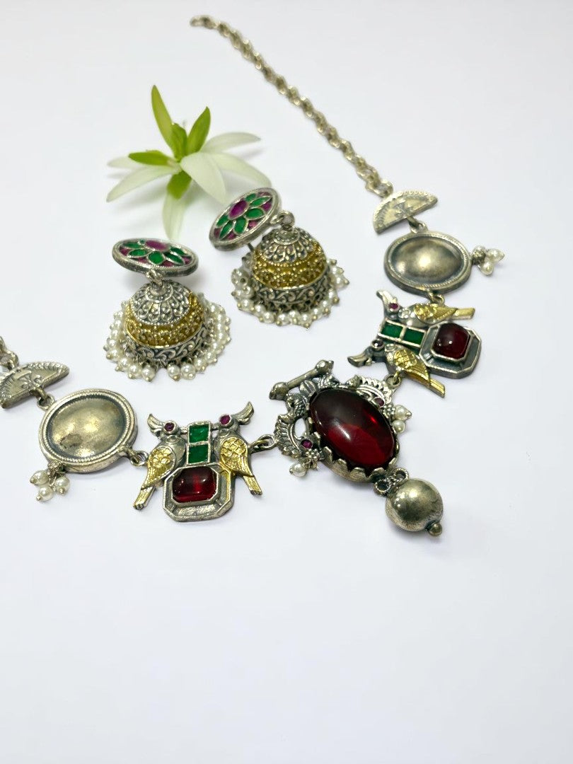 RUBY GREEN VEDITA GERMAN SILVER JEWELLERY SET