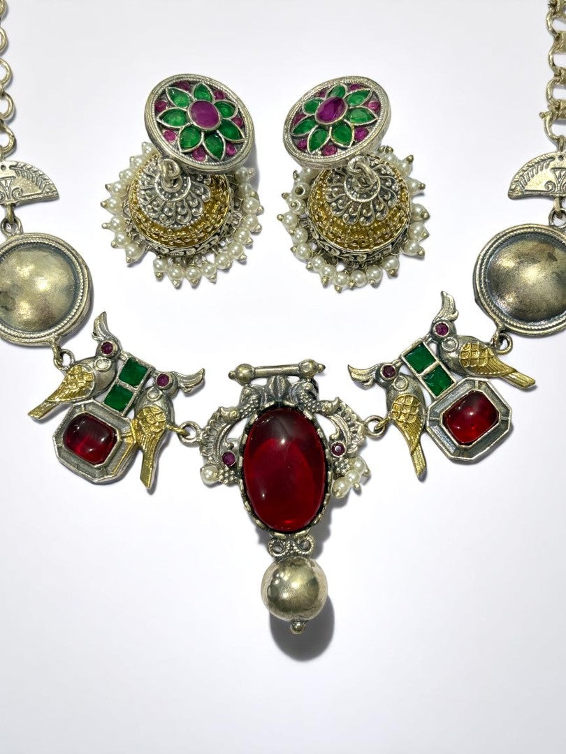 RUBY GREEN VEDITA GERMAN SILVER JEWELLERY SET