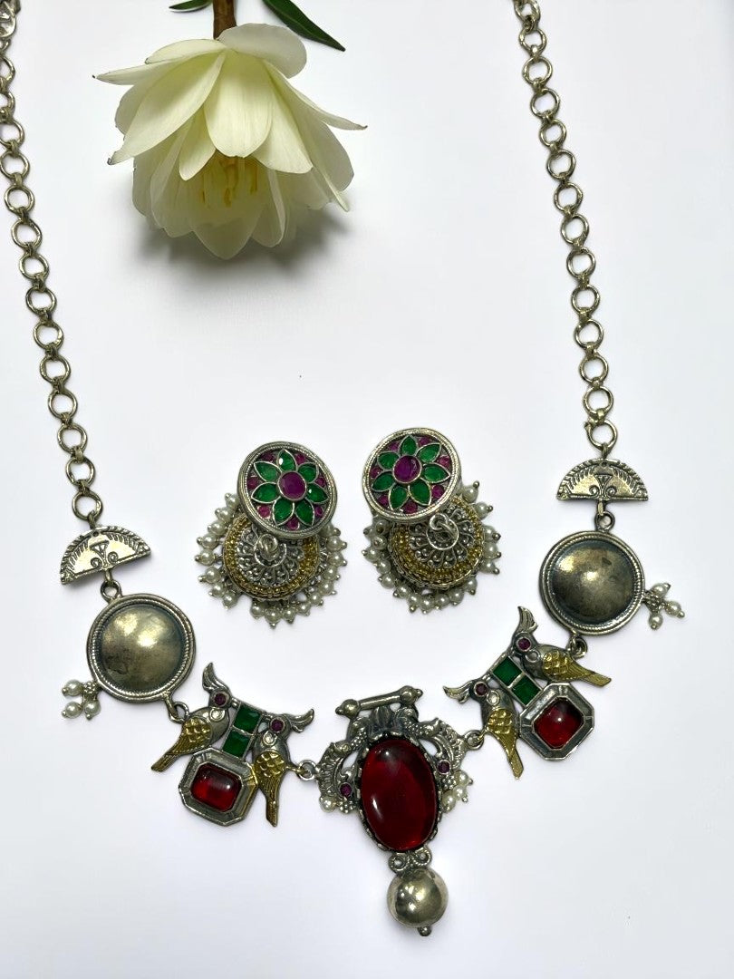 RUBY GREEN VEDITA GERMAN SILVER JEWELLERY SET