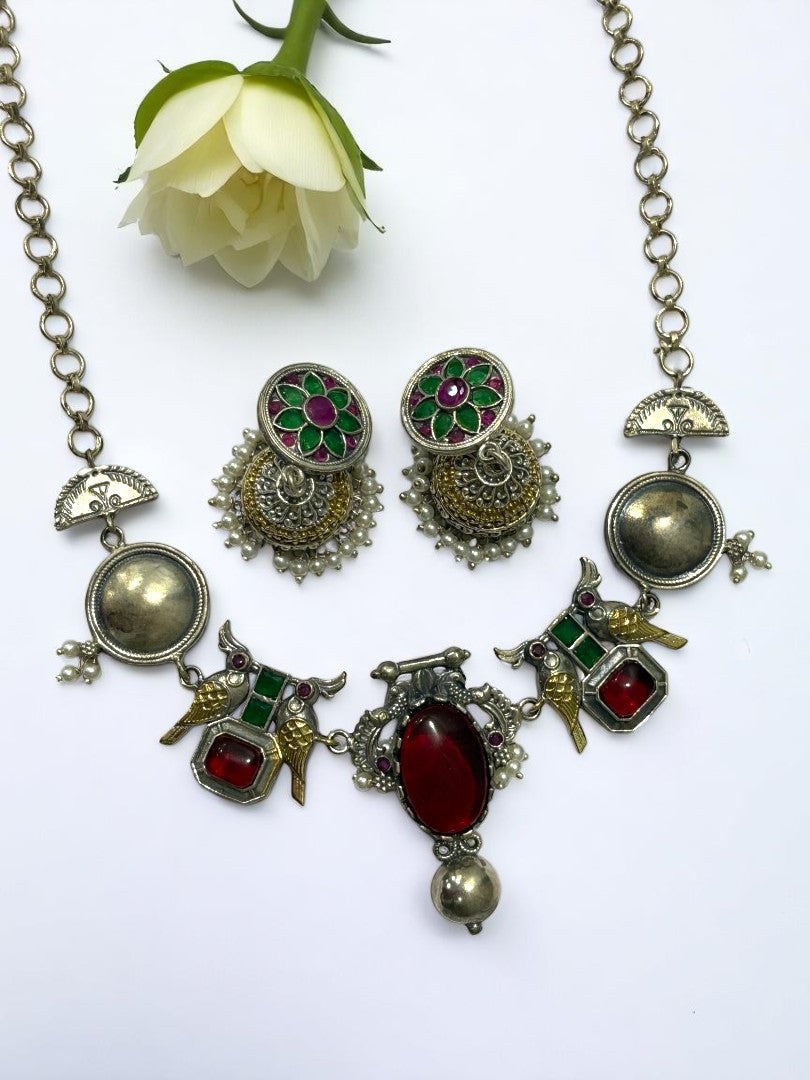 RUBY GREEN VEDITA GERMAN SILVER JEWELLERY SET
