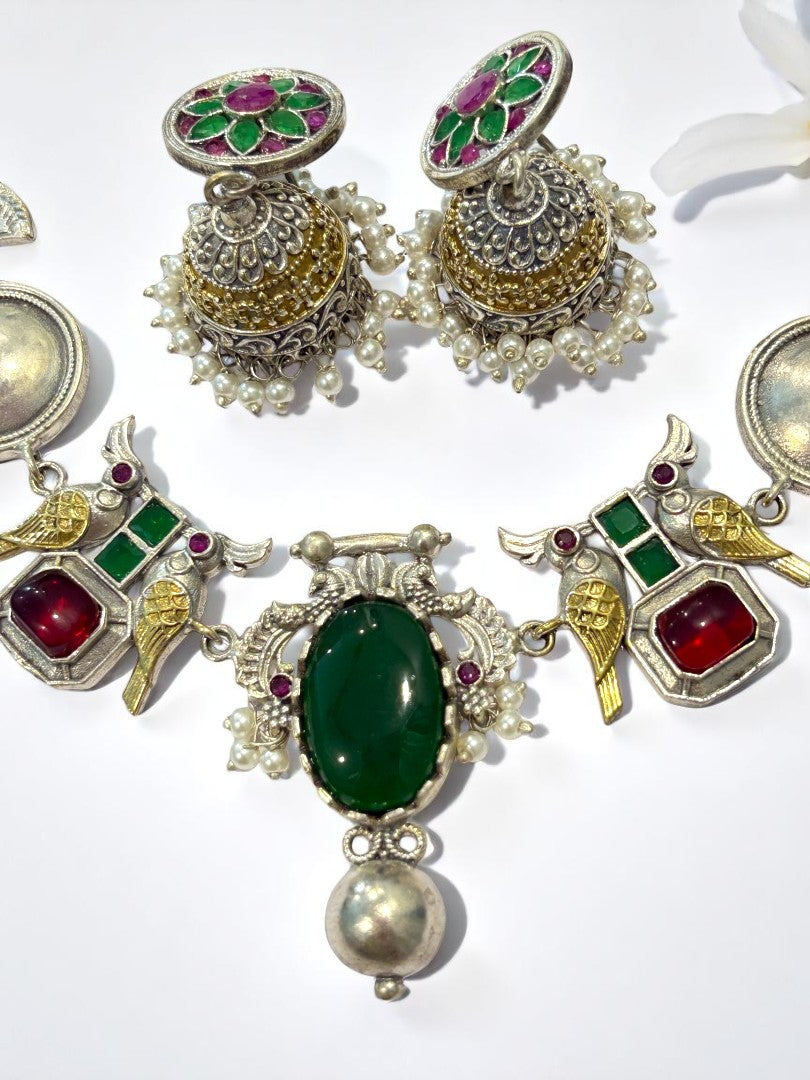 GREEN PINK VEDITA GERMAN SILVER JEWELLERY SET