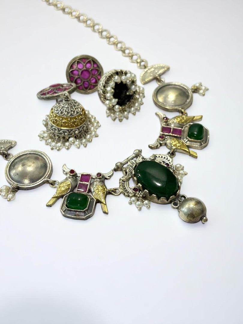 GREEN PINK VEDITA GERMAN SILVER JEWELLERY SET