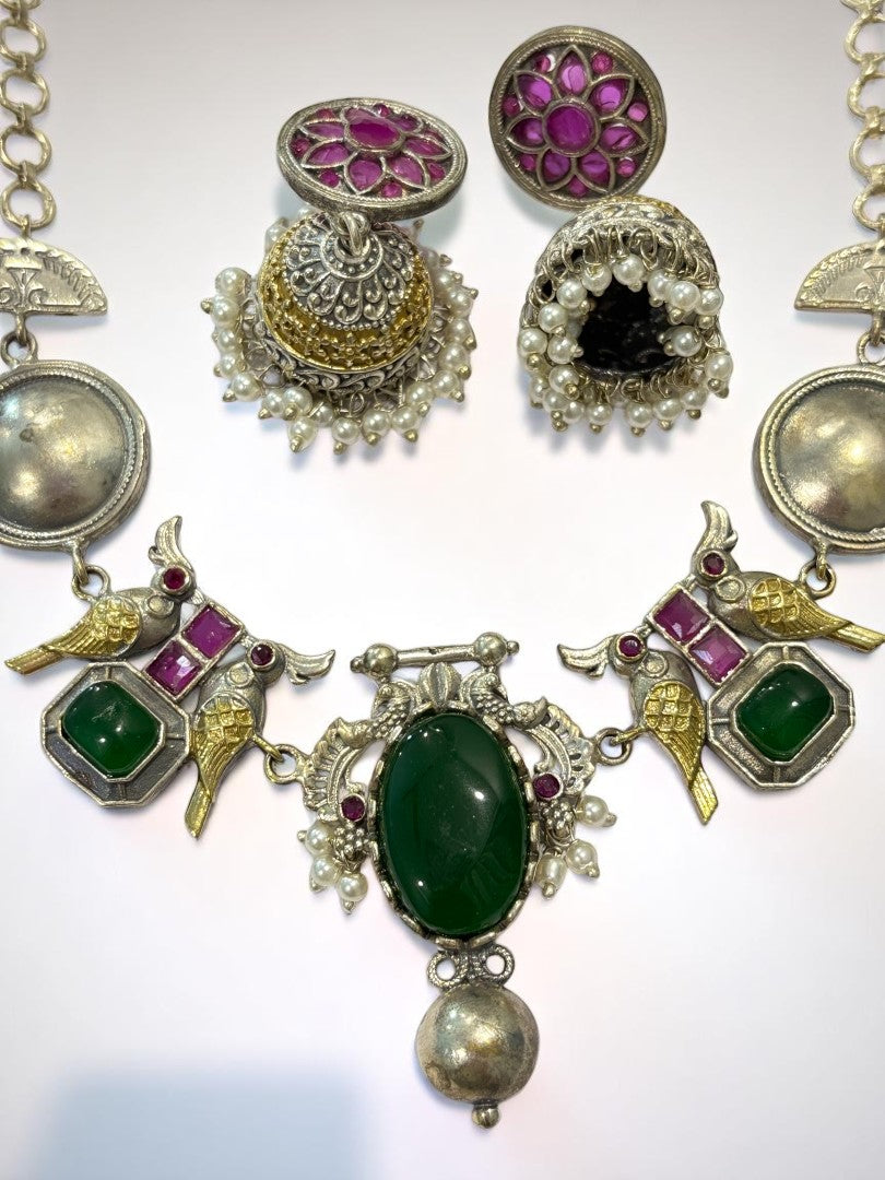 GREEN PINK VEDITA GERMAN SILVER JEWELLERY SET