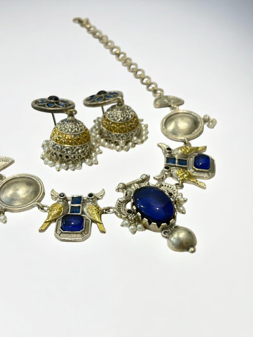 BLUE VEDITA GERMAN SILVER JEWELLERY SET